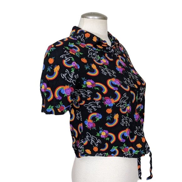 Spencers Crop Top Womens Size Medium Black Floral Pride Rainbow Print Tie Front - Picture 4 of 7